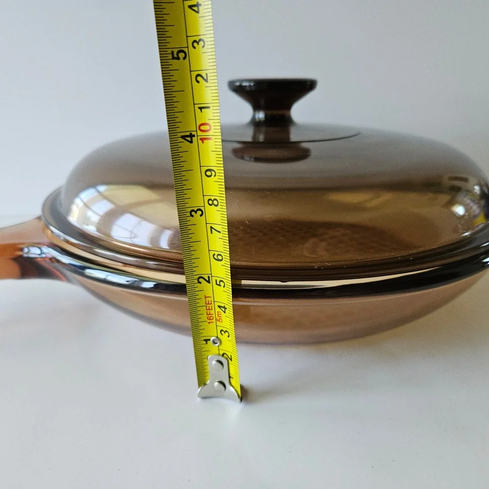 Vtg Corning Vision Ware Waffle Bottom 10in Frying Pan Skillet w Lid Amber Glass